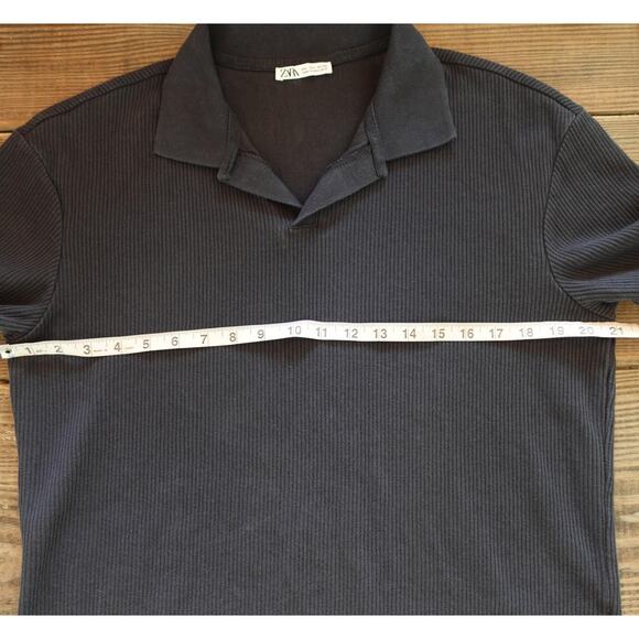 Zara Shirt Mens Large Black Ribbed Knit Collared Short Sleeve Polo Open Collar - Picture 4 of 6
